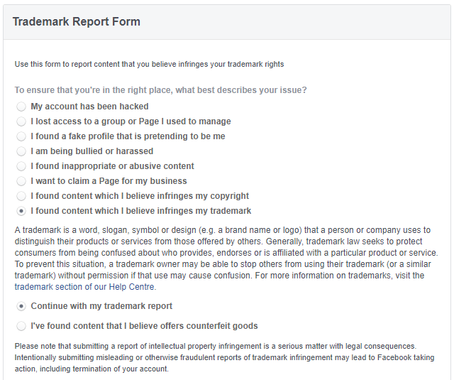 Facebook counterfeit report form