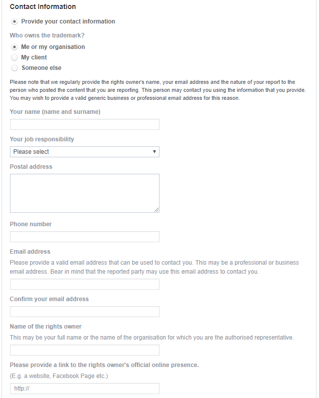 Facebook Trademark report form contact information
