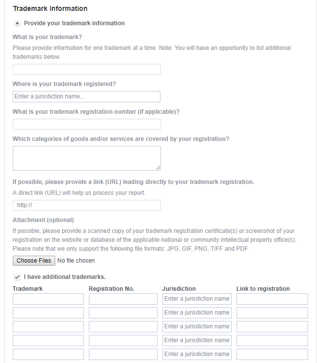 Trademark report form trademark info