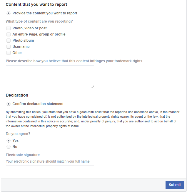 Trademark report form content information