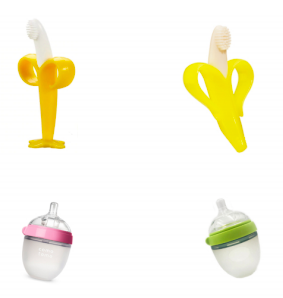 Comotomo, a fake baby bottle, Baby Banana and a fake baby item