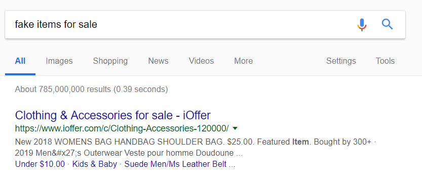 ioffer appearing on Google search for fake items for sale